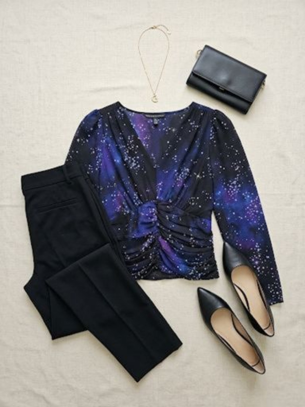 EUC WHBM Elegant Celestial Print V-Neck Long Sleeve Blouse, Size 4